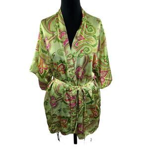 VTG Secret Images Green Multi Robe Floral Print Belted Open Front Size 32
